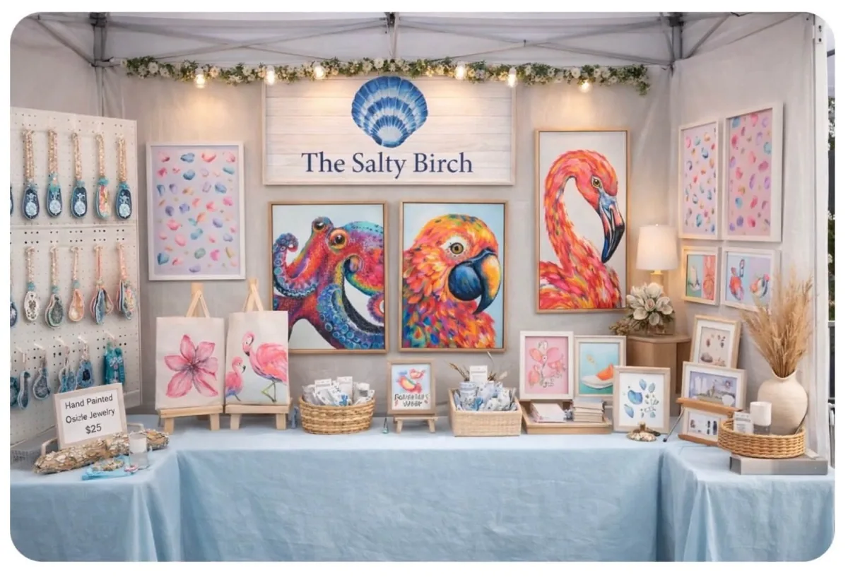 The Salty Birch market booth, paintings and shell work under the shop banner
