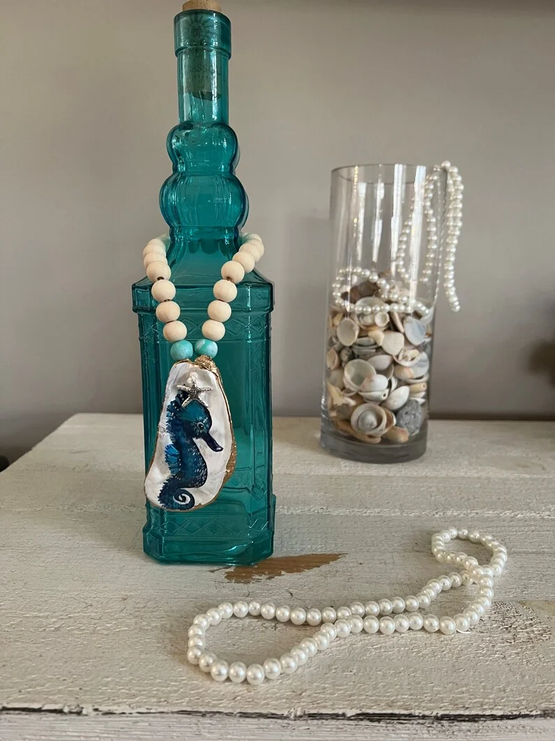 Hand painted seahorse oyster shell wine/ bottle jewelry