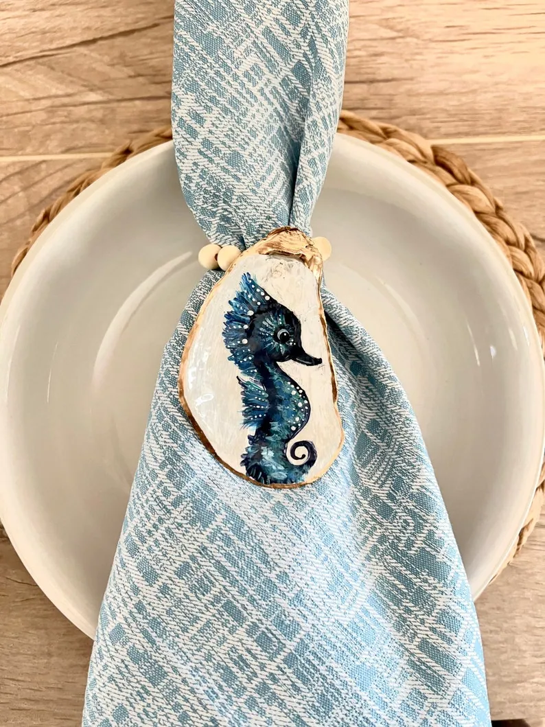 Set of (2) hand painted seahorse napkin rings