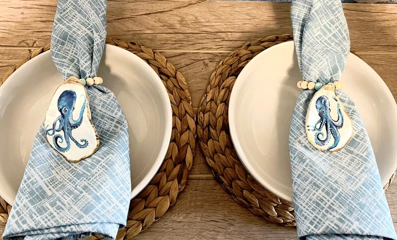 Set of (2) Hand painted Octopus napkin rings, photo 2