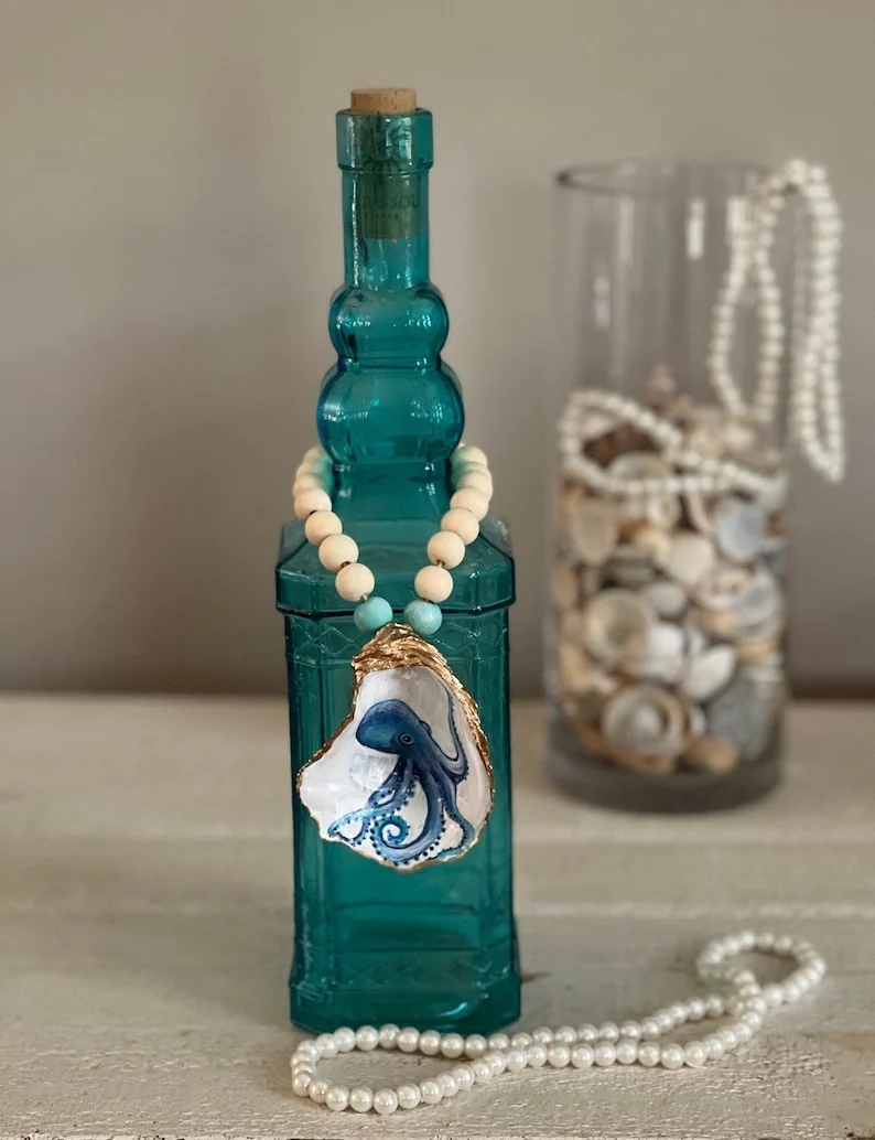 Hand Painted Octopus Shell Wine/bottle Jewelry