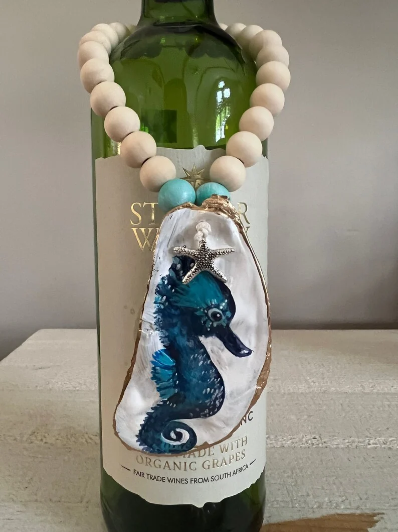 Hand painted seahorse oyster shell wine/ bottle jewelry, photo 3