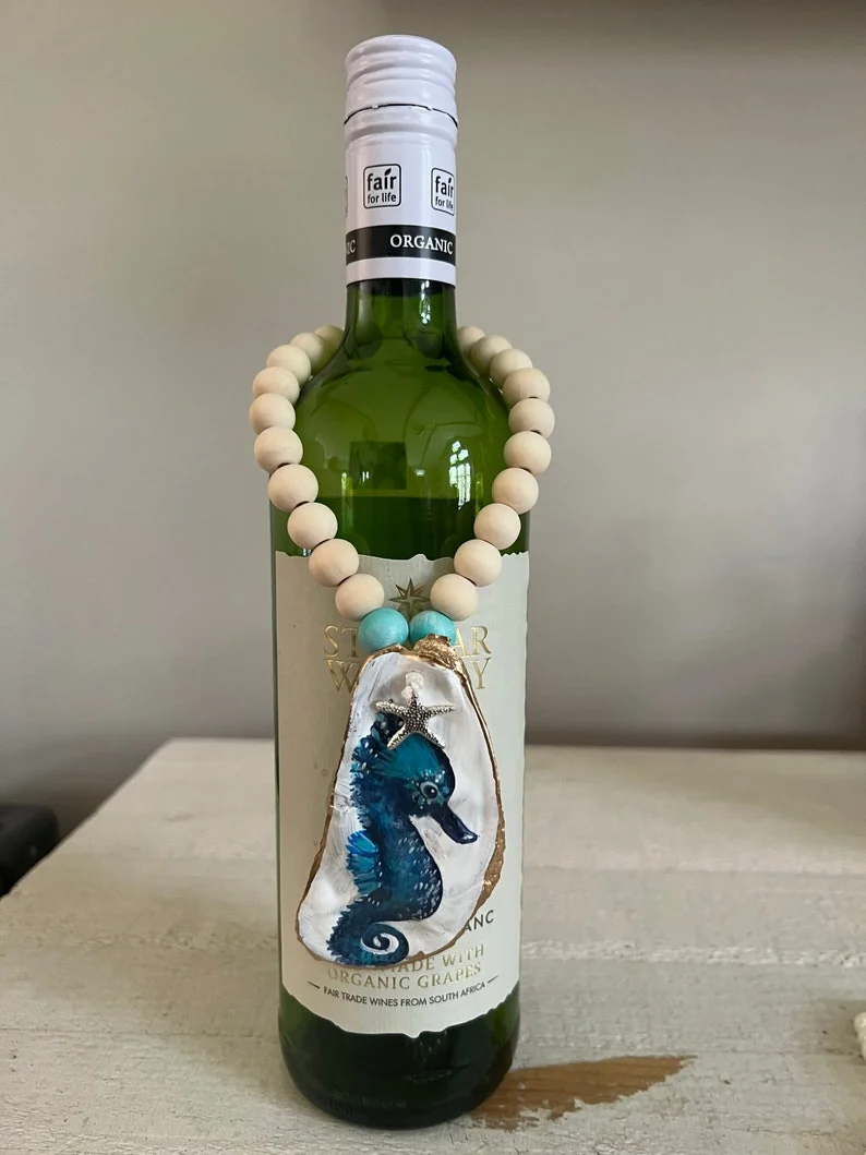 Hand painted seahorse oyster shell wine/ bottle jewelry, photo 6