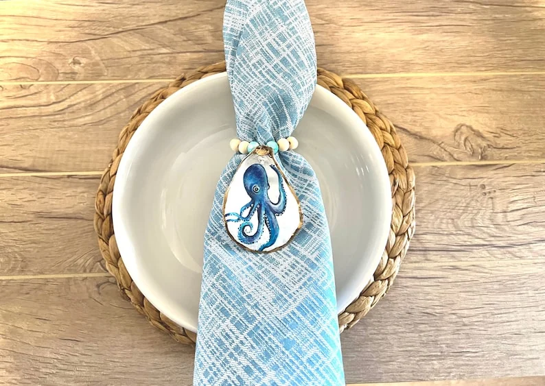 Set of (2) Hand painted Octopus napkin rings