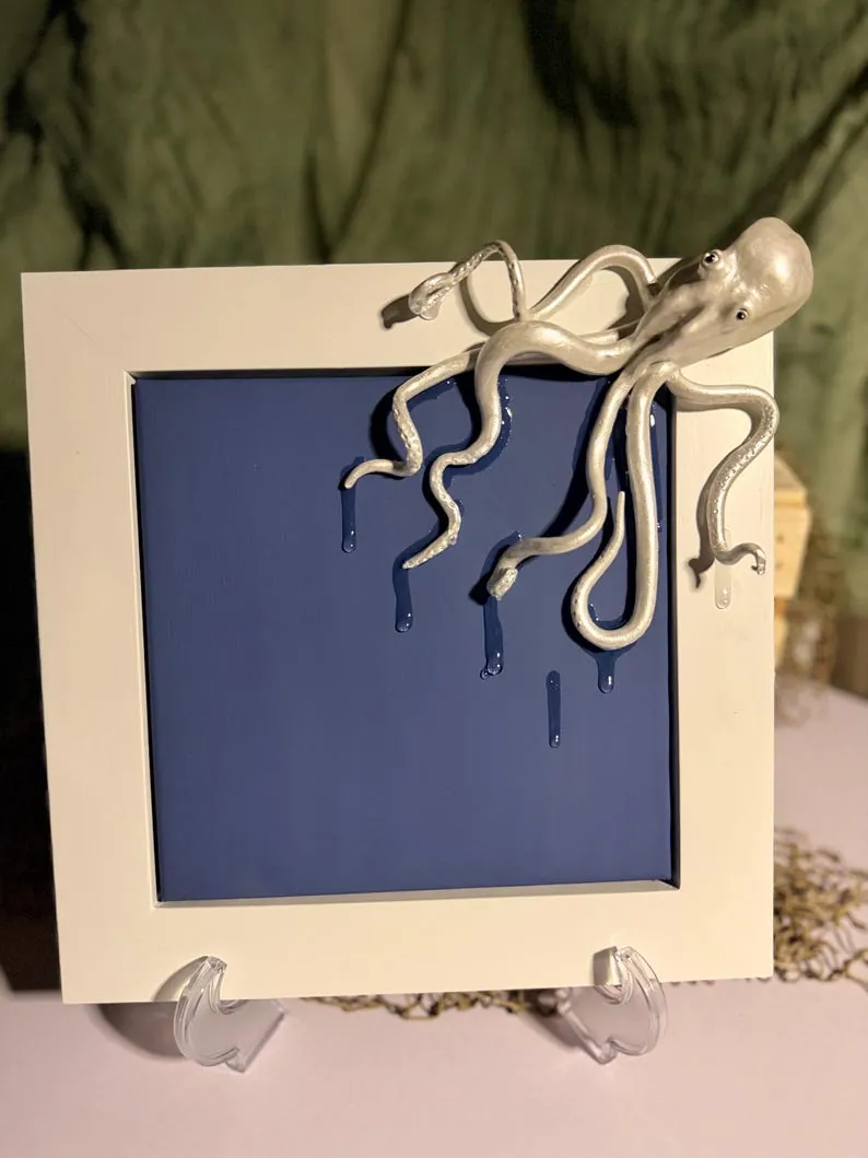 Hand Sculpted Octopus Wet Look on Canvas with Handmade Frame 3D Ocean Art, photo 3
