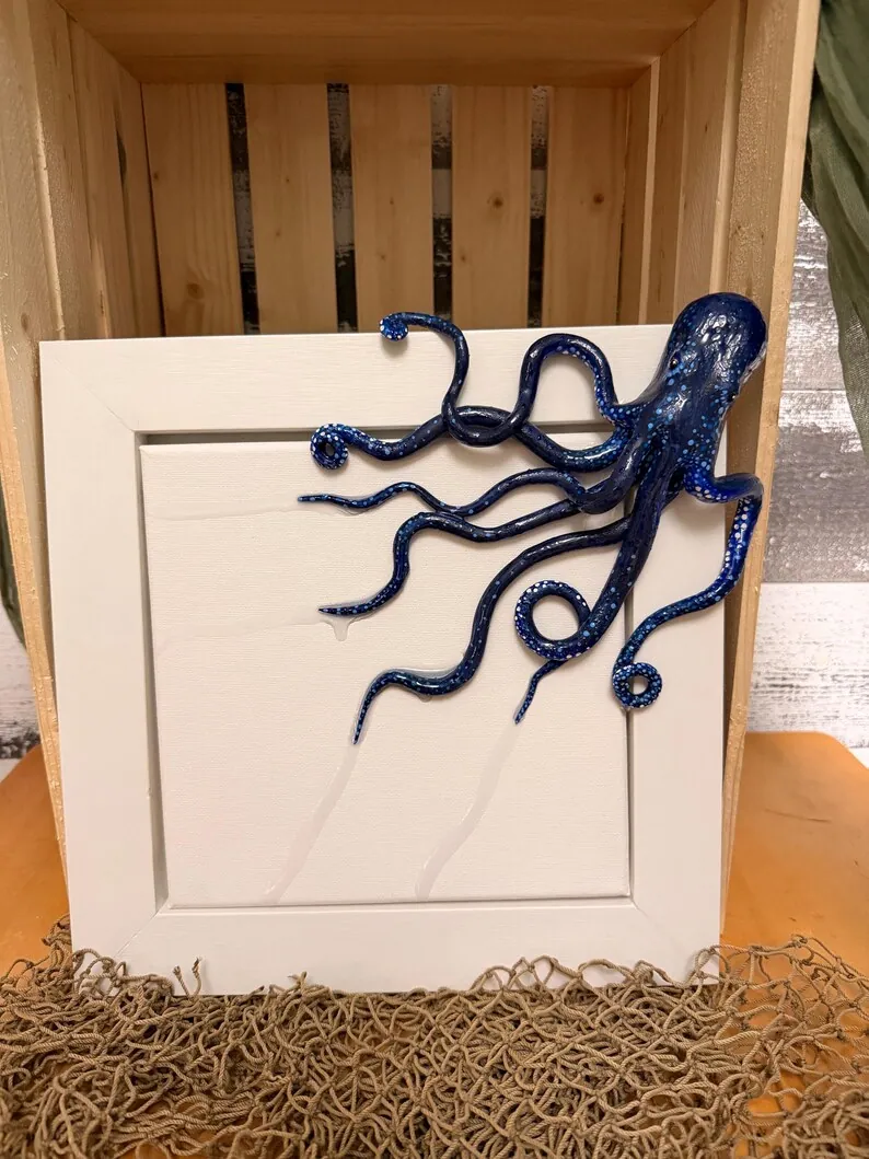 Hand Sculpted Blue Octopus Wet Look on Canvas with Handmade Frame 3D Ocean Art, photo 4