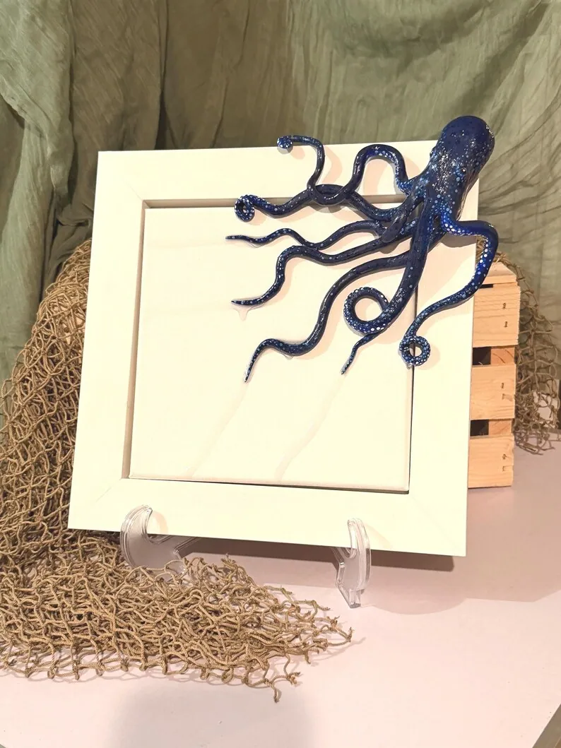 Hand Sculpted Blue Octopus Wet Look on Canvas with Handmade Frame 3D Ocean Art, photo 3