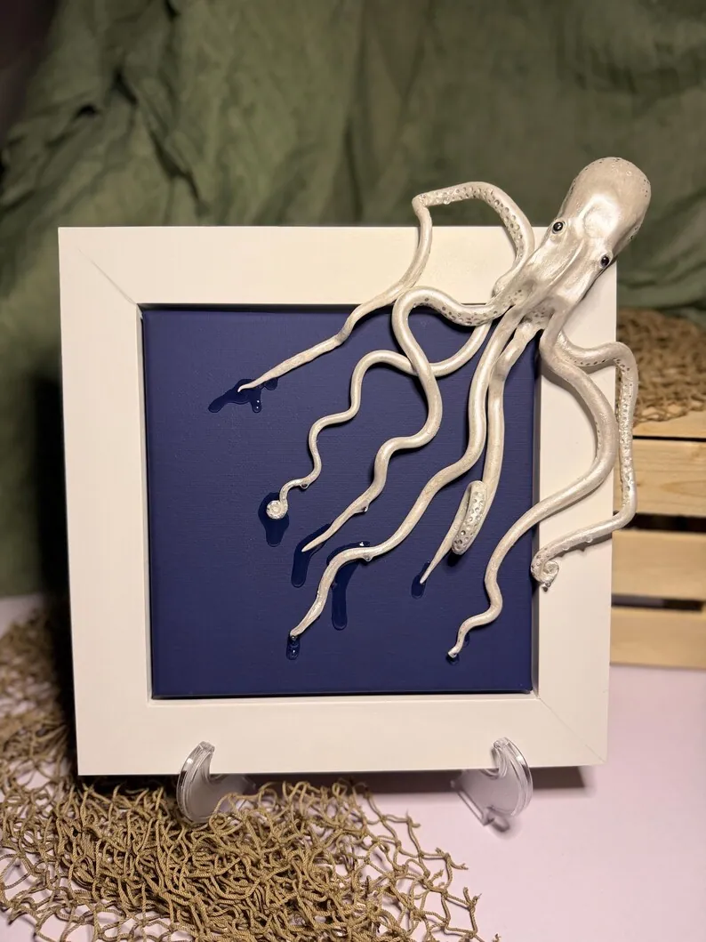 Hand Sculpted Octopus Wet Look on Canvas with Handmade Frame 3D Ocean Art, photo 2