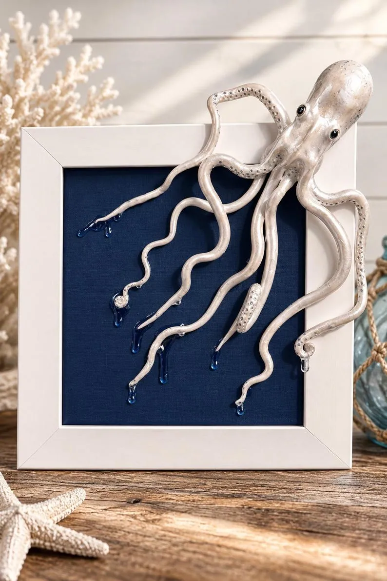 Hand Sculpted Octopus Wet Look on Canvas with Handmade Frame 3D Ocean Art