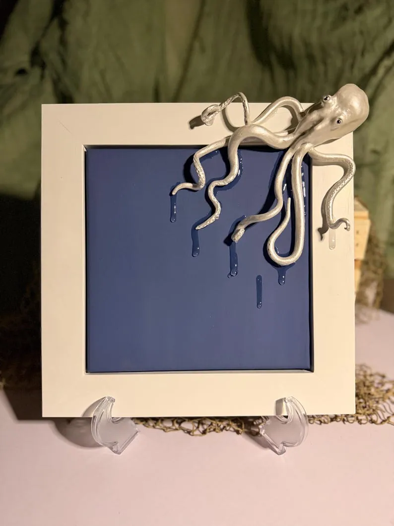 Hand Sculpted Octopus Wet Look on Canvas with Handmade Frame 3D Ocean Art, photo 4