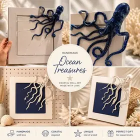 Hand Sculpted Blue Octopus Wet Look on Canvas with Handmade Frame 3D Ocean Art