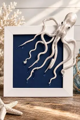 Hand Sculpted Octopus Wet Look on Canvas with Handmade Frame 3D Ocean Art
